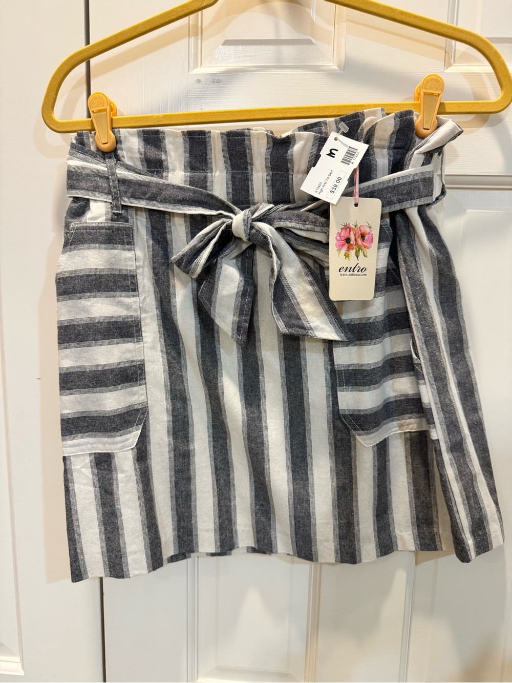 entro Vertical Stripe Paperbag-Waist Mini Skirt in Blue/Grey and White